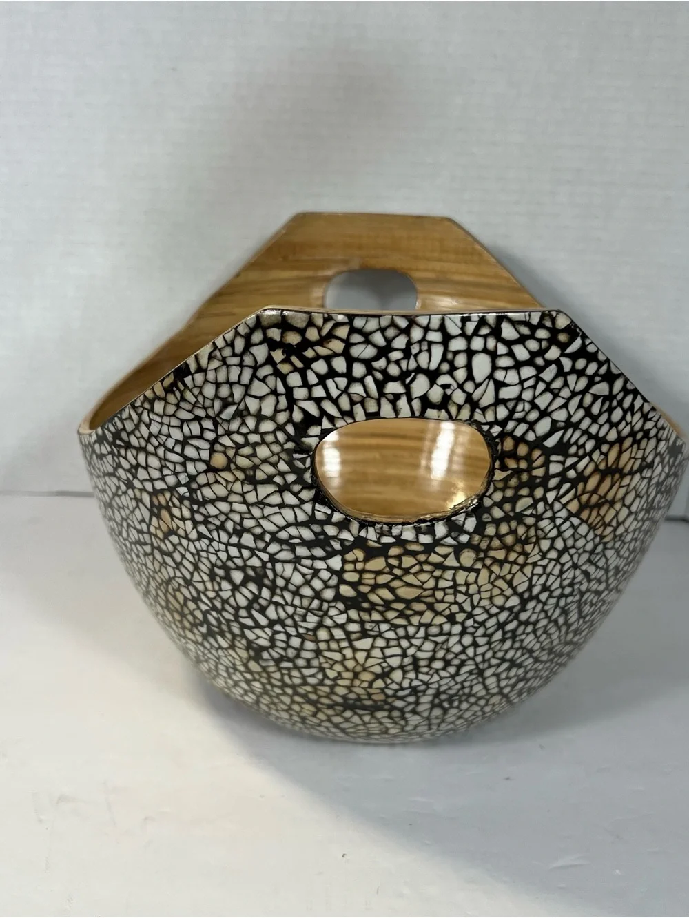 Bamboo Lacquerware Bowl Eggshell Mosaic Black Tan Handled Decorative Bowl 11”